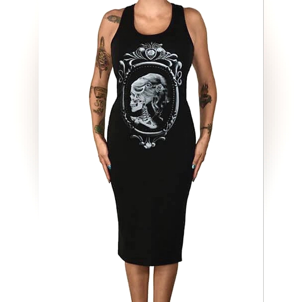 Pinky Star Black Lolita Skeleton Cameo Racer goth Black midi Dress Plus 3X